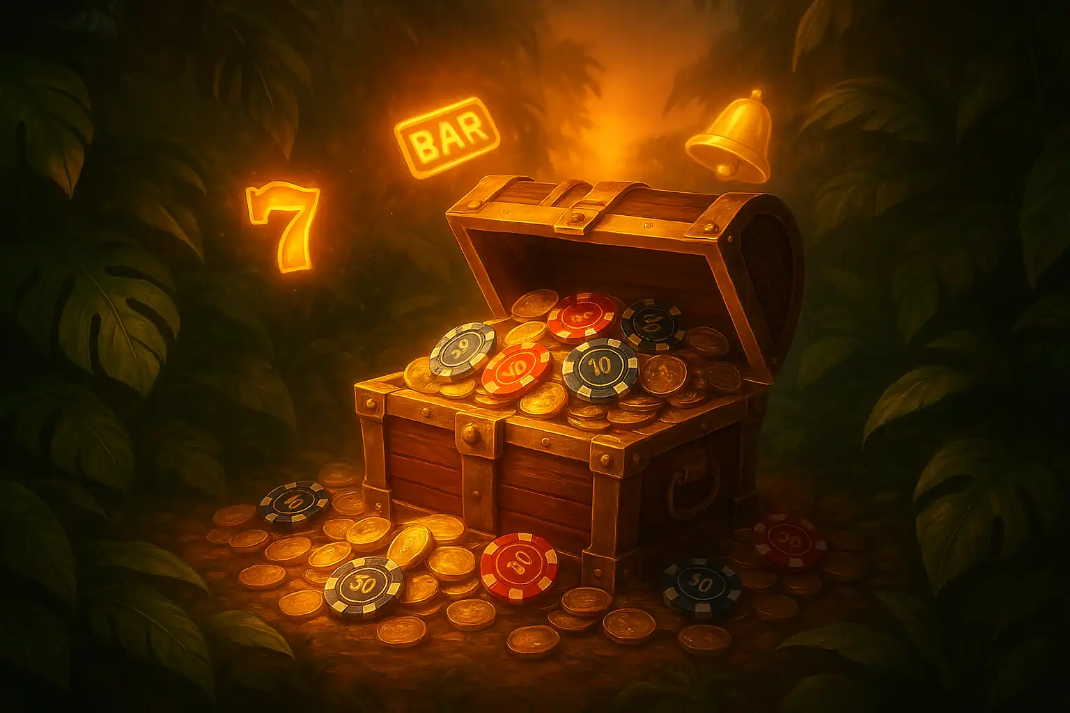 Golden bonus chest surrounded by tropical leaves and slot symbols at GambleGorilla