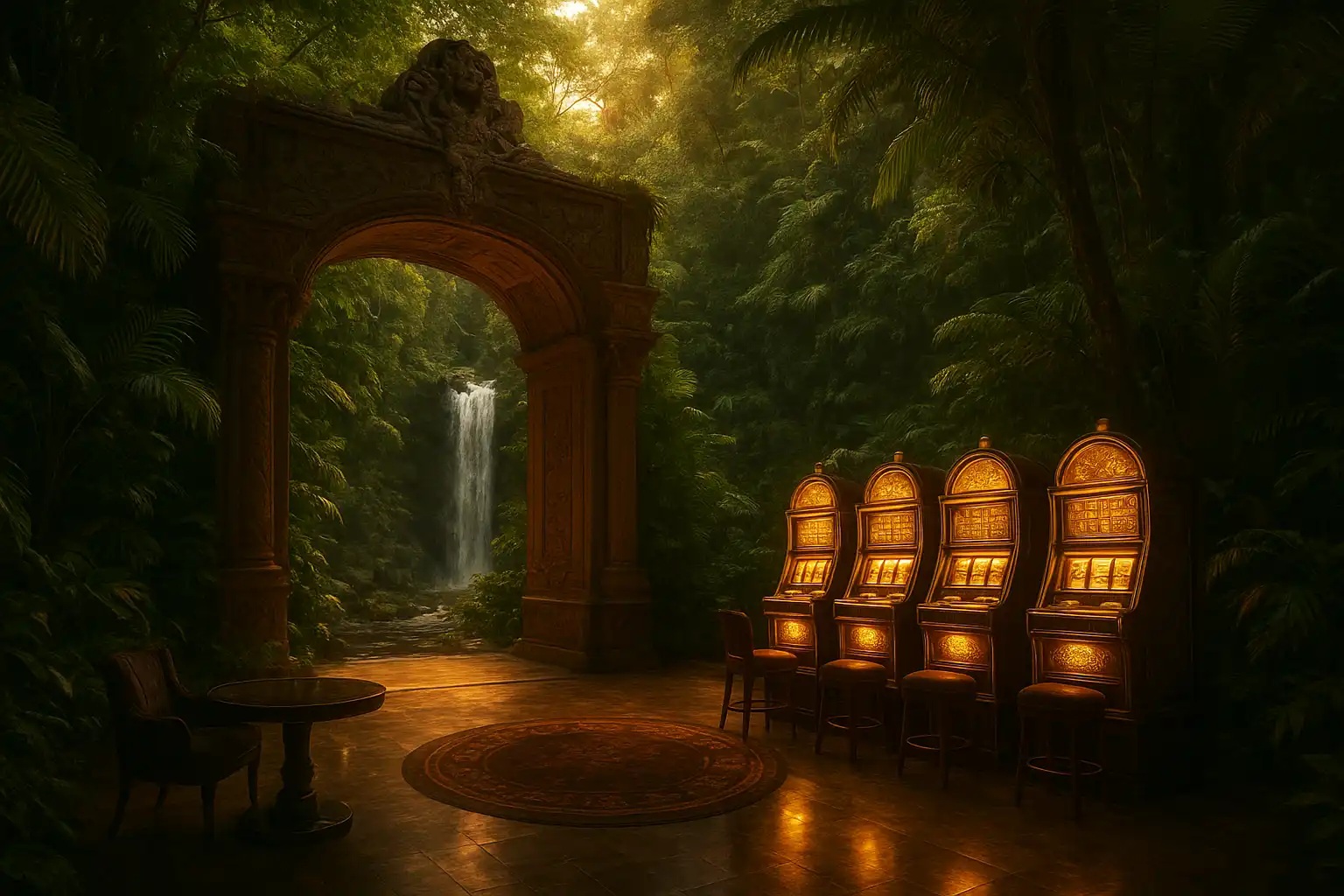 Rainforest waterfall and carved stone slot machines bathed in sunset light at GambleGorilla