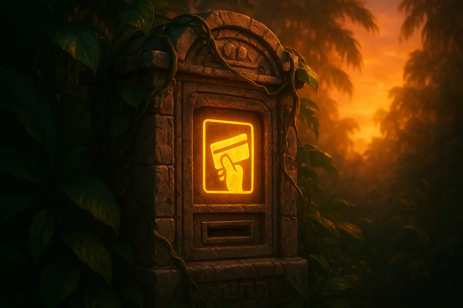 Stone carved payment kiosk glowing with Interac branding inside the GambleGorilla rainforest lobby