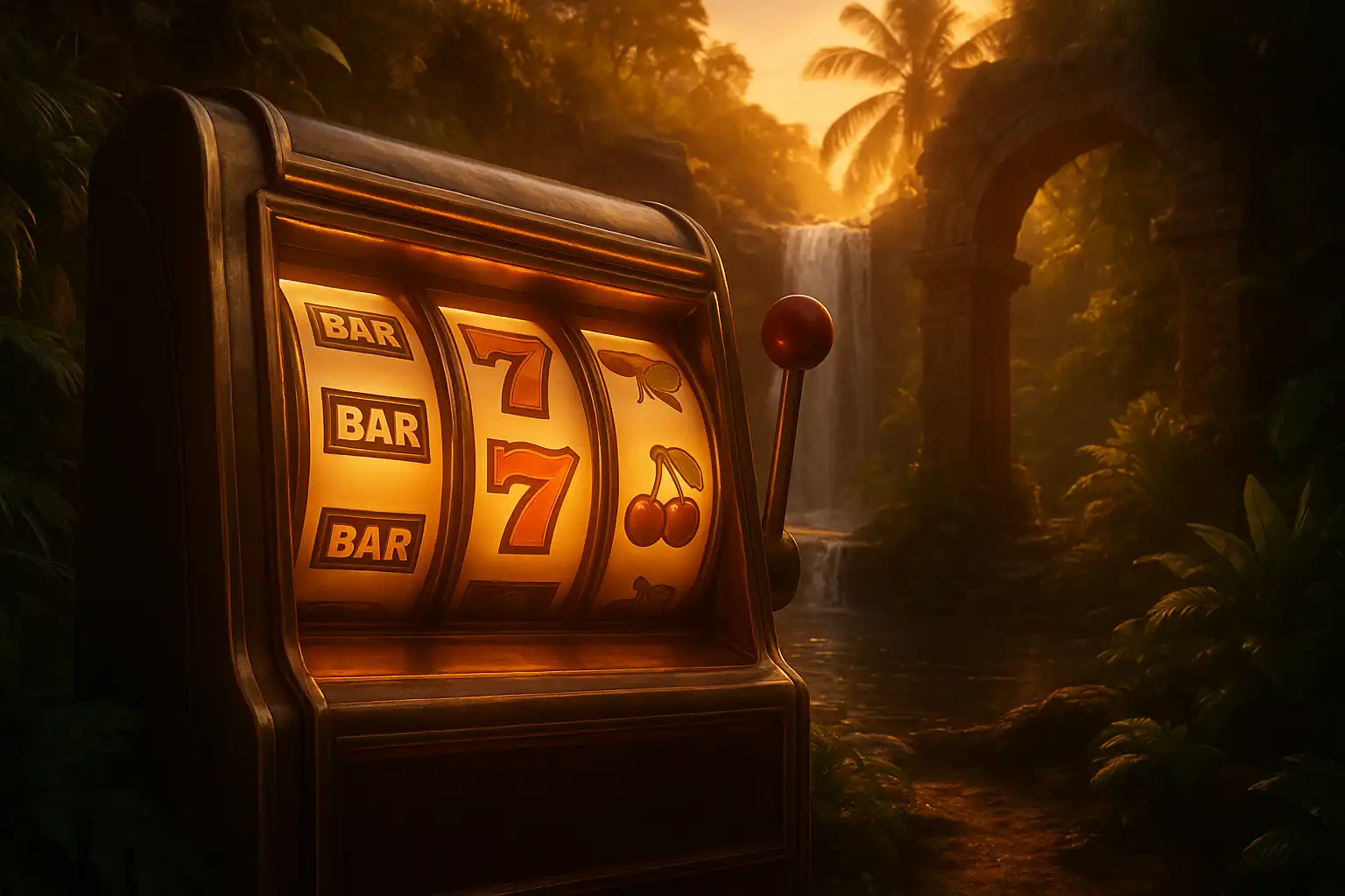 Elegant slot machines lit by sunset light beside a rainforest waterfall at GambleGorilla