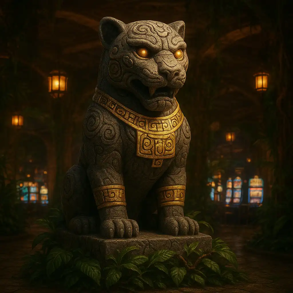 Carved stone jaguar idol decoration inside the GambleGorilla rainforest lobby
