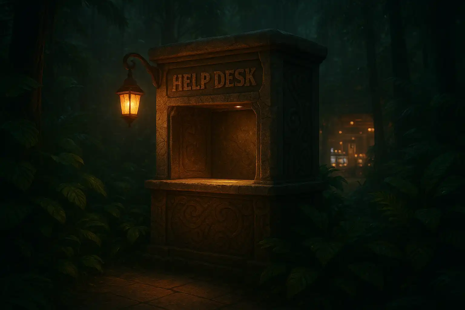Support desk carved from jungle stone with a lantern glow at GambleGorilla